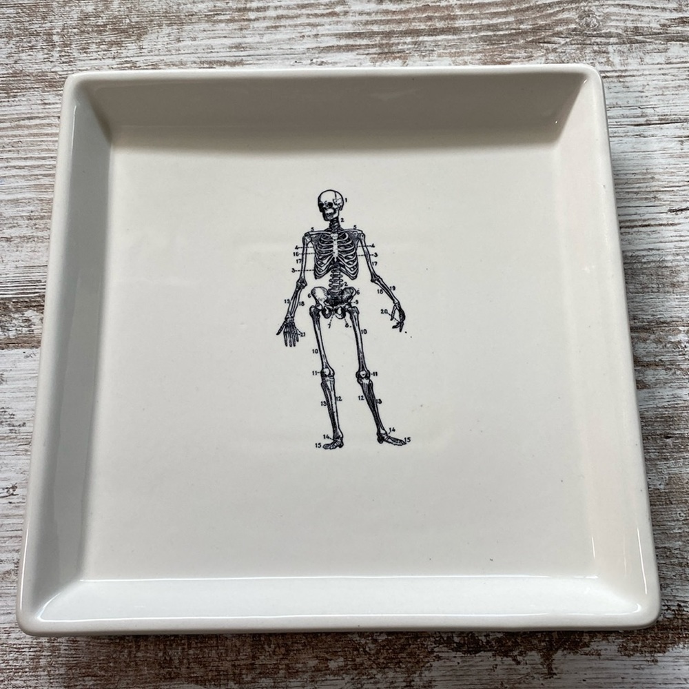 Skeleton Ceramic Square Plate Cream Halloween Decor 8.5”